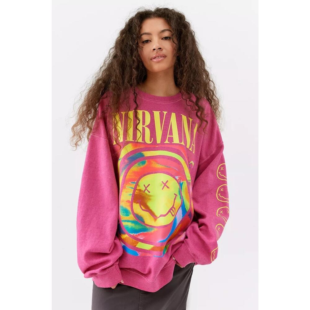 Urban Outfitters Magenta Nirvana Smiley Graphic Crewneck Sweatshirt